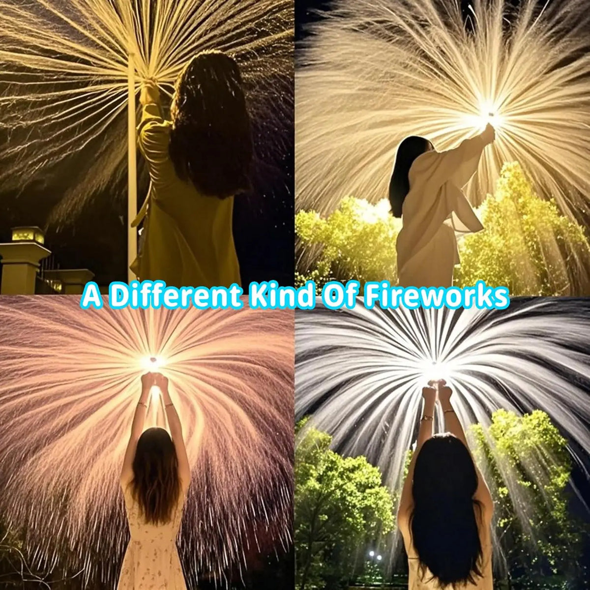 Four images showing fireworks displays with people holding hands against a dark night sky.
