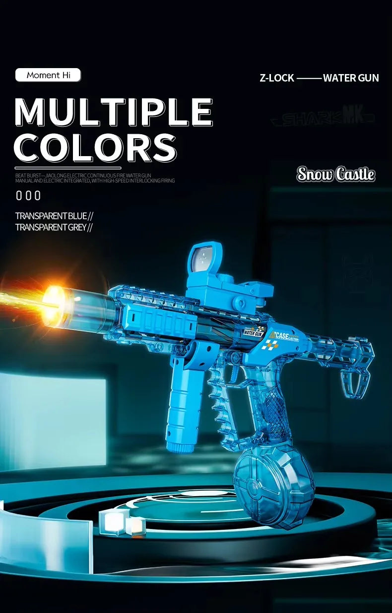 A blue Z-Lock water gun is displayed with a muzzle flame effect on a circular platform.