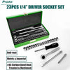 A green box containing a 23-piece set of 1/4 inch driver sockets and wrenches, including carbon steel tools.