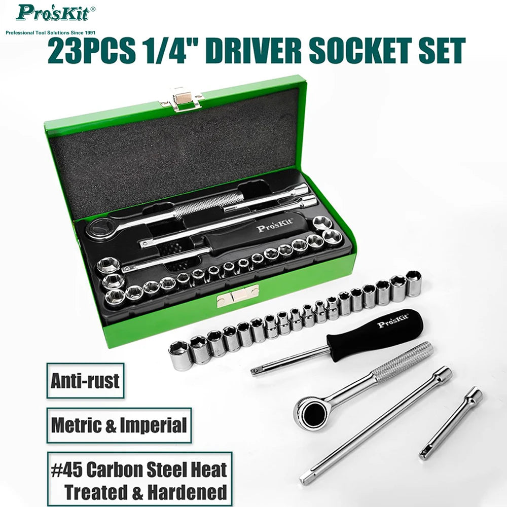 A green box containing a 23-piece set of 1/4 inch driver sockets and wrenches, including carbon steel tools.