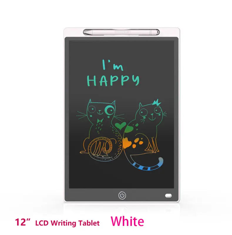 A white 12-inch LCD writing tablet displaying a drawing of two cats.
