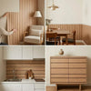 A set of light wood paneling and modern furniture featuring a brown plaid peel and stick wallpaper finish.