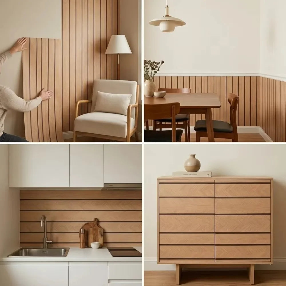 A set of light wood paneling and modern furniture featuring a brown plaid peel and stick wallpaper finish.