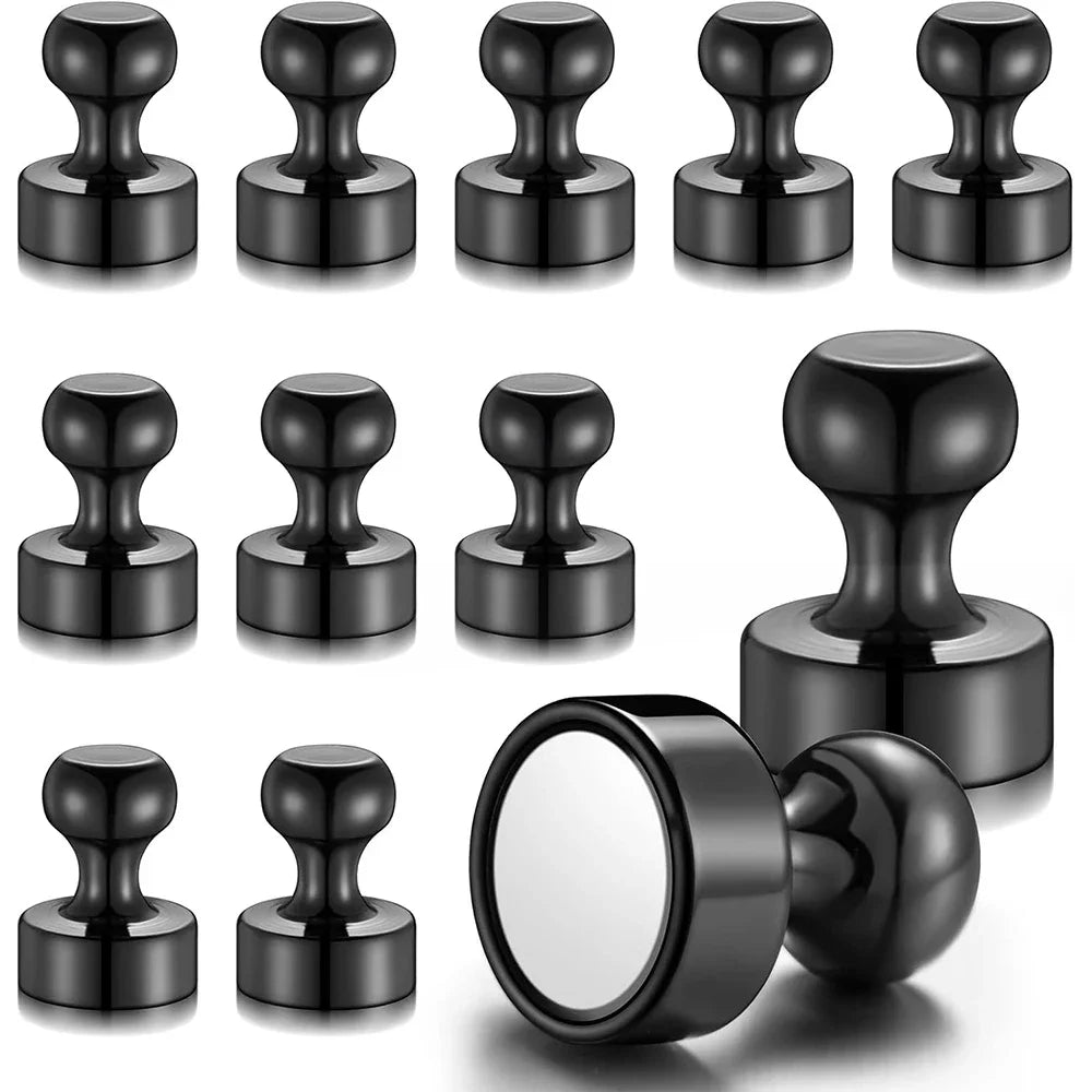 A set of black neodymium magnetic pushpins for various surfaces.