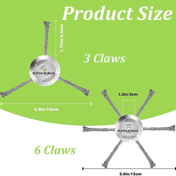 Diagram showing the size and configuration of a product with 3 or 6 metal claws on a steel wire for brushcutters.