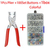 A set of pliers, 100 buttons, and a box for colorful fasteners used in clothes and DIY projects.
