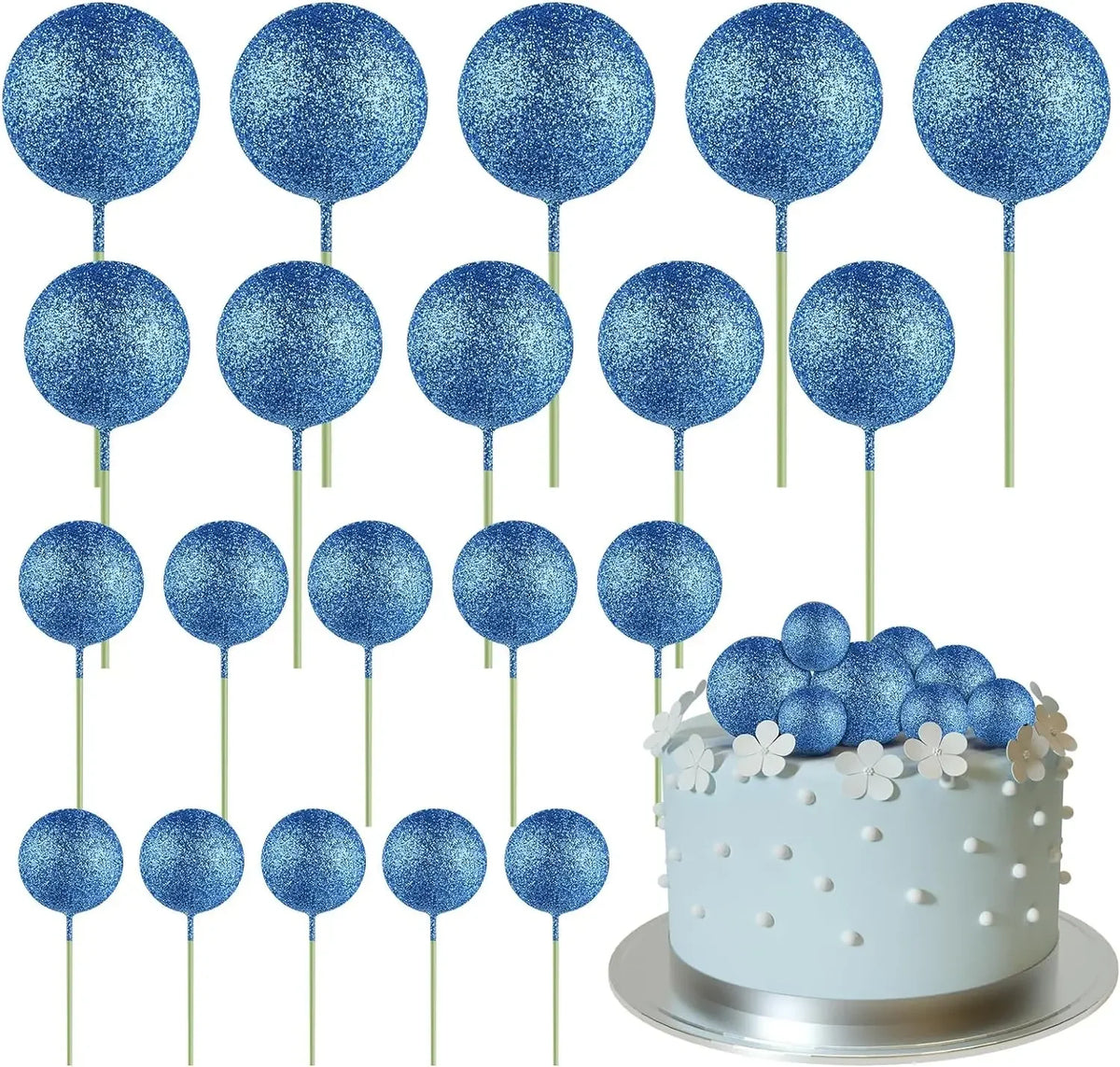 Eine Sammlung von 20 blauen Glitzer-Ball-Kektoppern auf grünen Stäbchen.