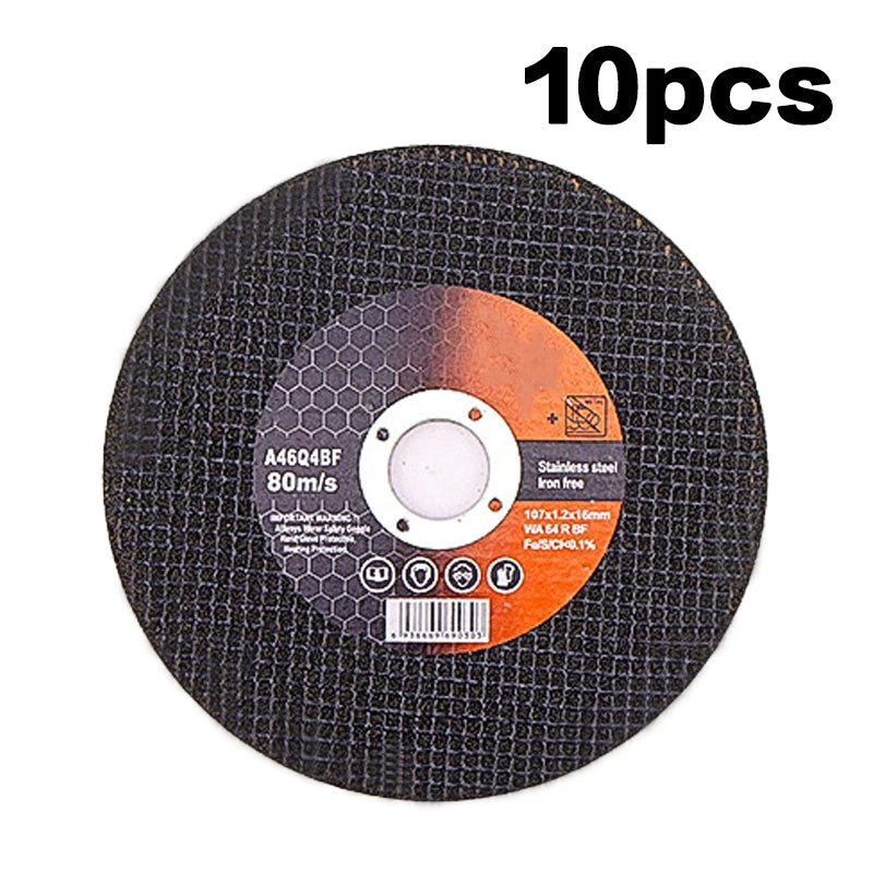 A pack of 10 metal cutting discs for angle grinders, featuring a black abrasive surface and an orange center.