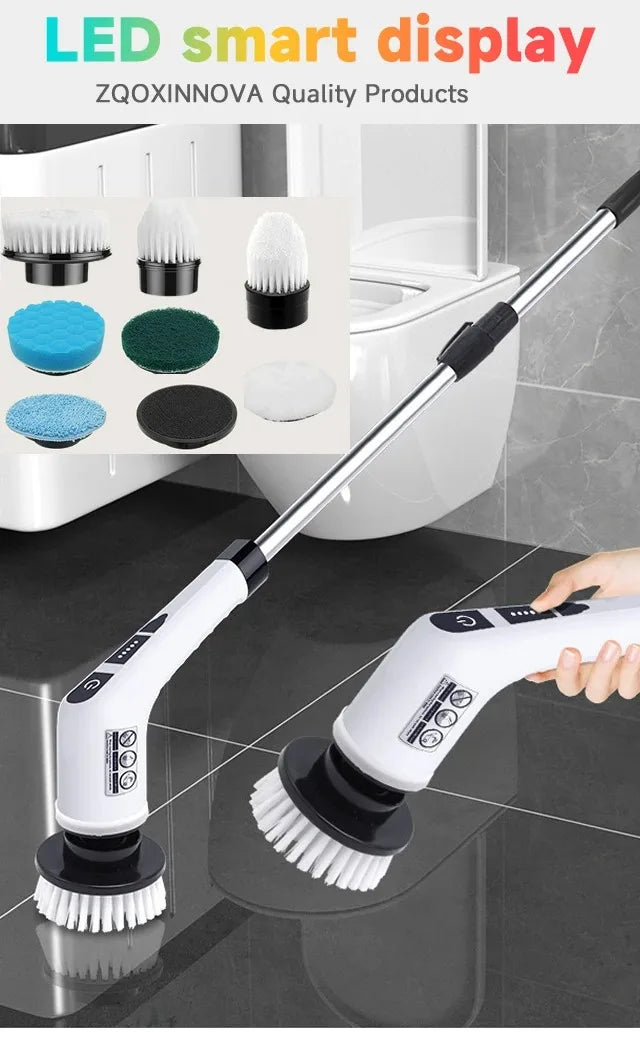 A white and black LED smart display electric spin scrubber with interchangeable brush heads is shown cleaning a floor.
