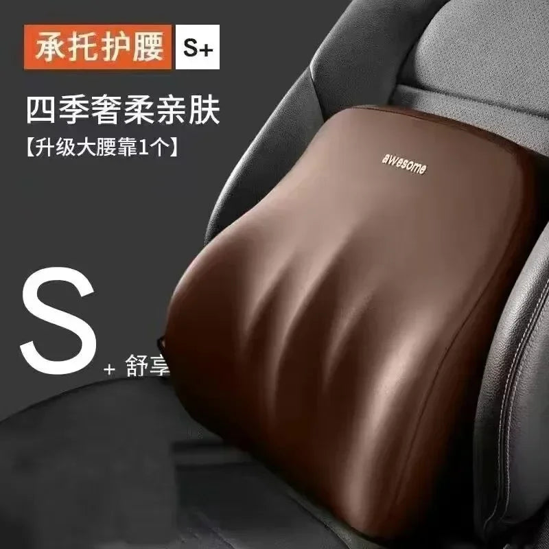 Brown memory foam car headrest and lumbar support pillow with S rating