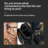 A black tool kit bag is shown next to various tools and a person wearing the pack while climbing.