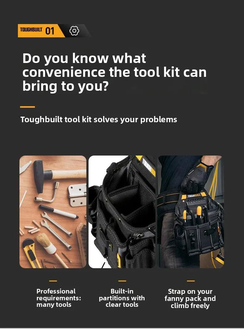 A black tool kit bag is shown next to various tools and a person wearing the pack while climbing.