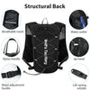 Structural back of a black hydration vest showing breathable mesh, water outlet, nylon handle, waist adjustment buckle, and z