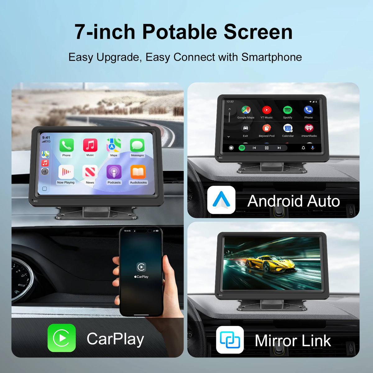 A 7-inch portable screen displaying Android Auto and CarPlay features connected to a car's infotainment system.
