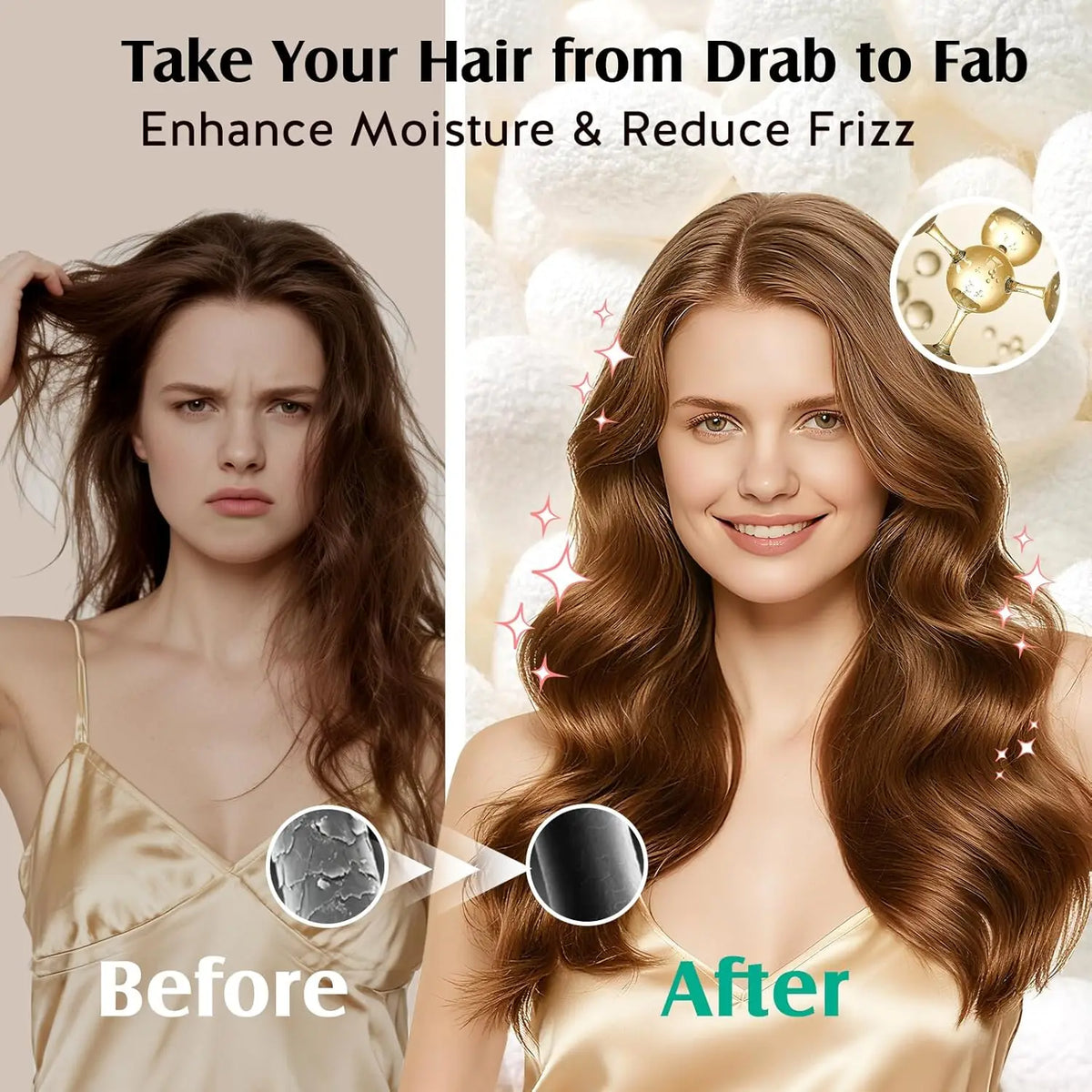 Before and after comparison showing hair transformation using a Mulberry Silk Sleep Cap