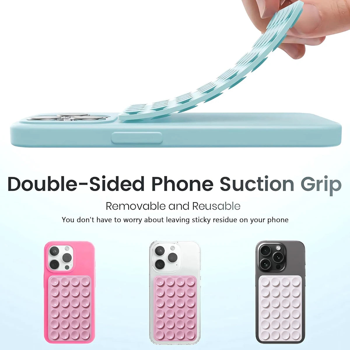 A hand holds a light blue silicone suction grip for mounting phones, shown next to various colored phone cases.