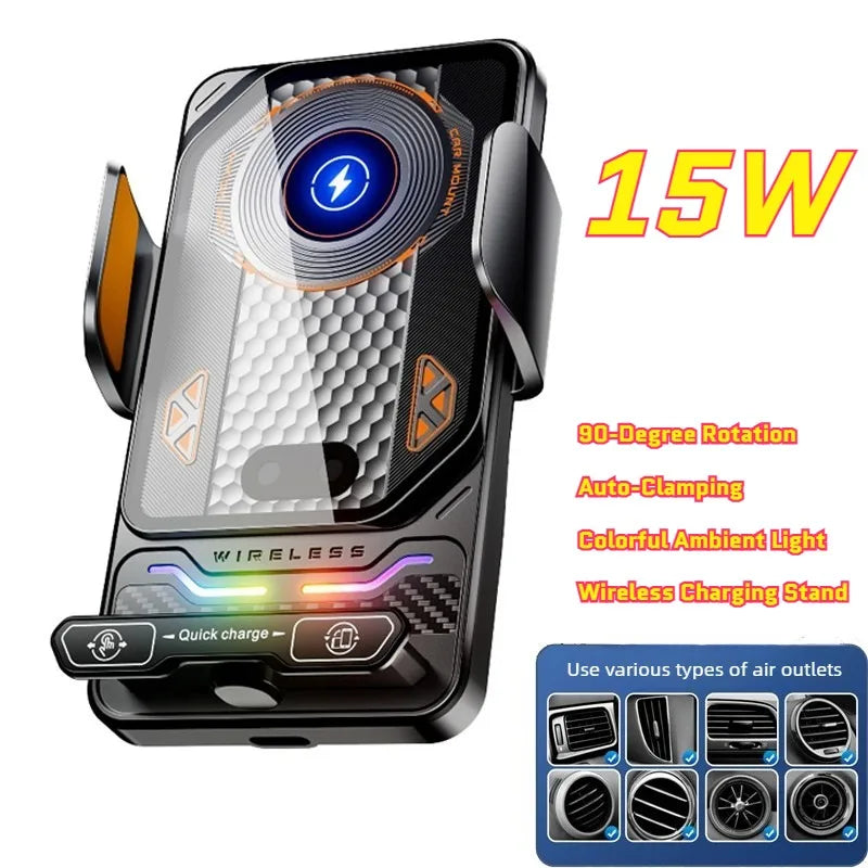 A black 2-in-1 auto-clamping car phone holder with wireless charging and a colorful ambient light.