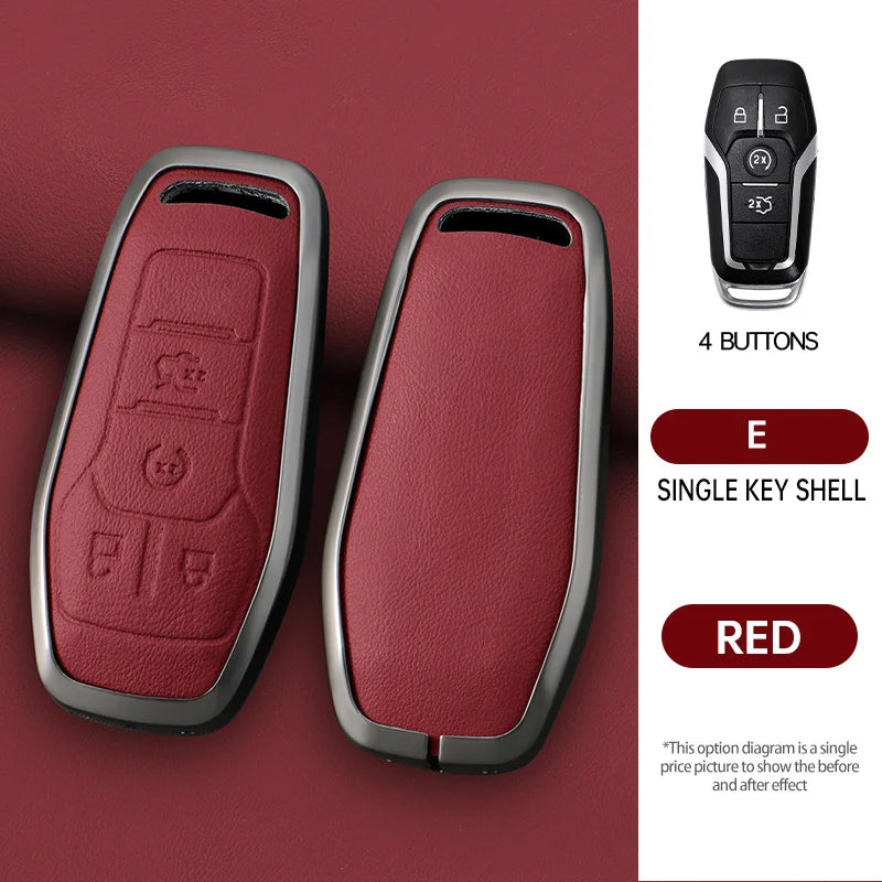 A pair of red leather key case covers with silver accents and a black button remote shown against a maroon background.