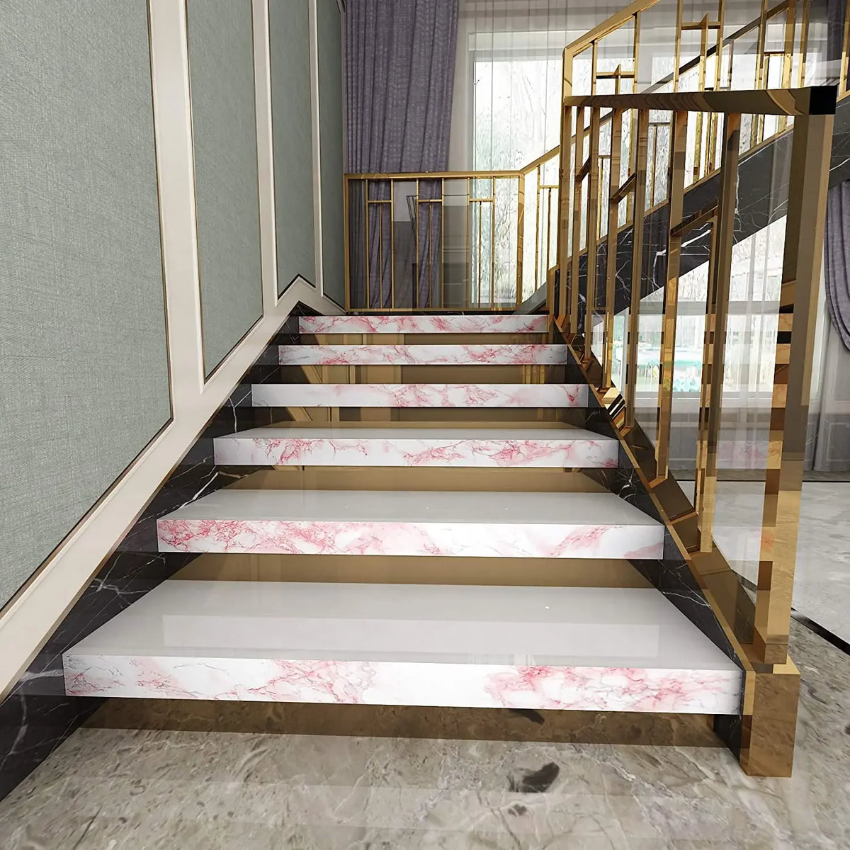 A staircase with pink marble steps and gold railings in a modern interior setting.