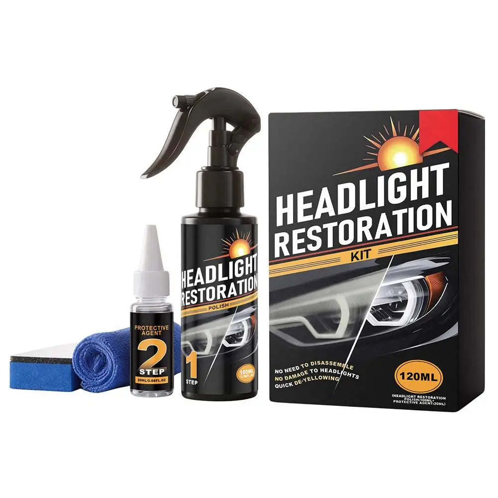 A black bottle and applicator for a 2-step headlight restoration kit box with instructions