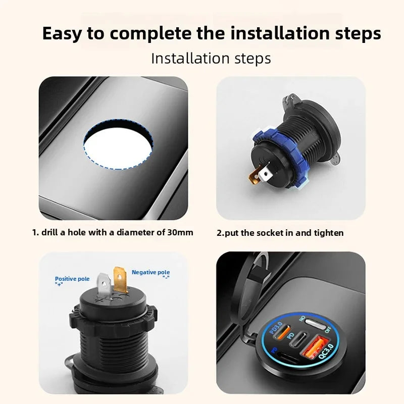 Installation steps showing how to drill a hole, put the socket in and tighten it, and connect the positive and negative poles