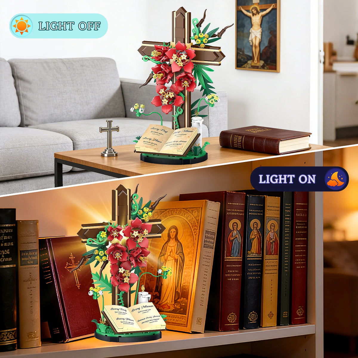 A wooden cross with floral accents and a Bible displayed on a shelf next to books.