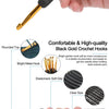 A set of ergonomic crochet hooks with rubber handles and various sizes, including a black gold hook and smooth aluminum hooks