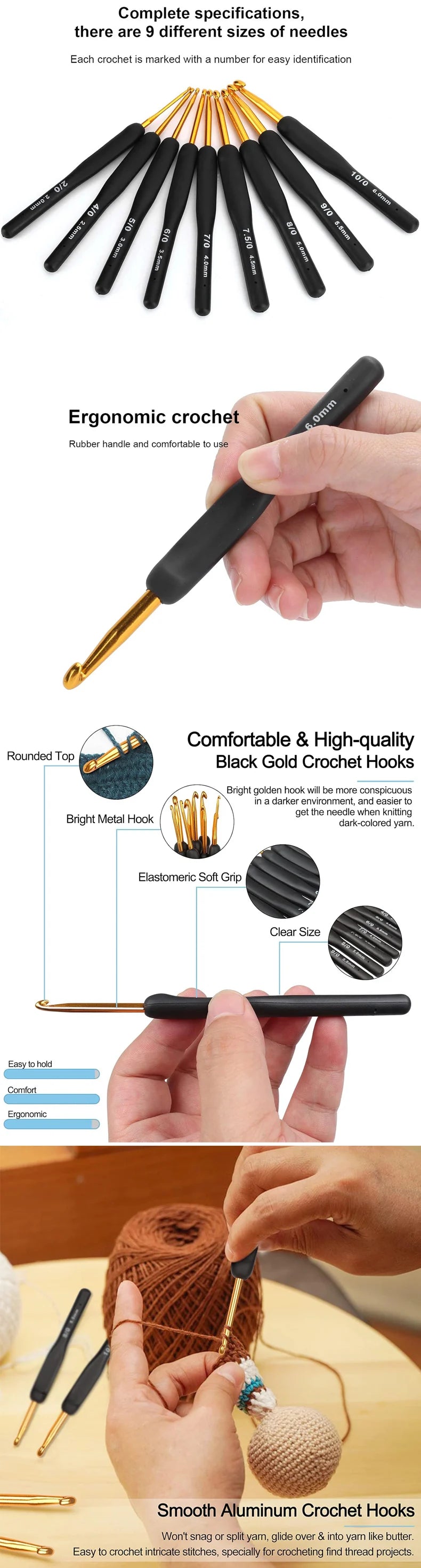 A set of ergonomic crochet hooks with rubber handles and various sizes, including a black gold hook and smooth aluminum hooks