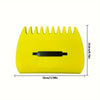 Yellow handheld leaf grabber rake with serrated teeth and dimensions listed.
