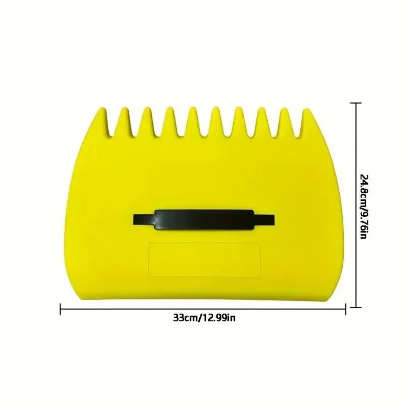 Yellow handheld leaf grabber rake with serrated teeth and dimensions listed.