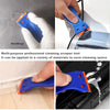 A blue plastic scraper tool with orange tips is shown being used to remove stickers and labels from various surfaces.
