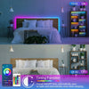 A bedroom setup featuring a bed with a glowing purple LED light strip and bedside lamps.