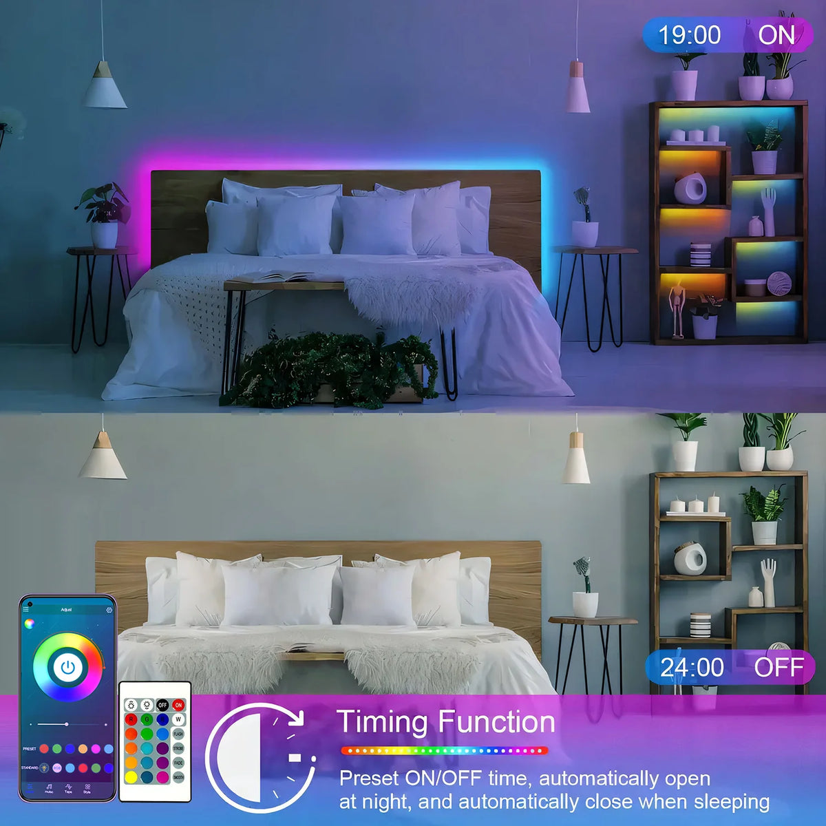 A bedroom setup featuring a bed with glowing LED lights and a digital timer control panel.