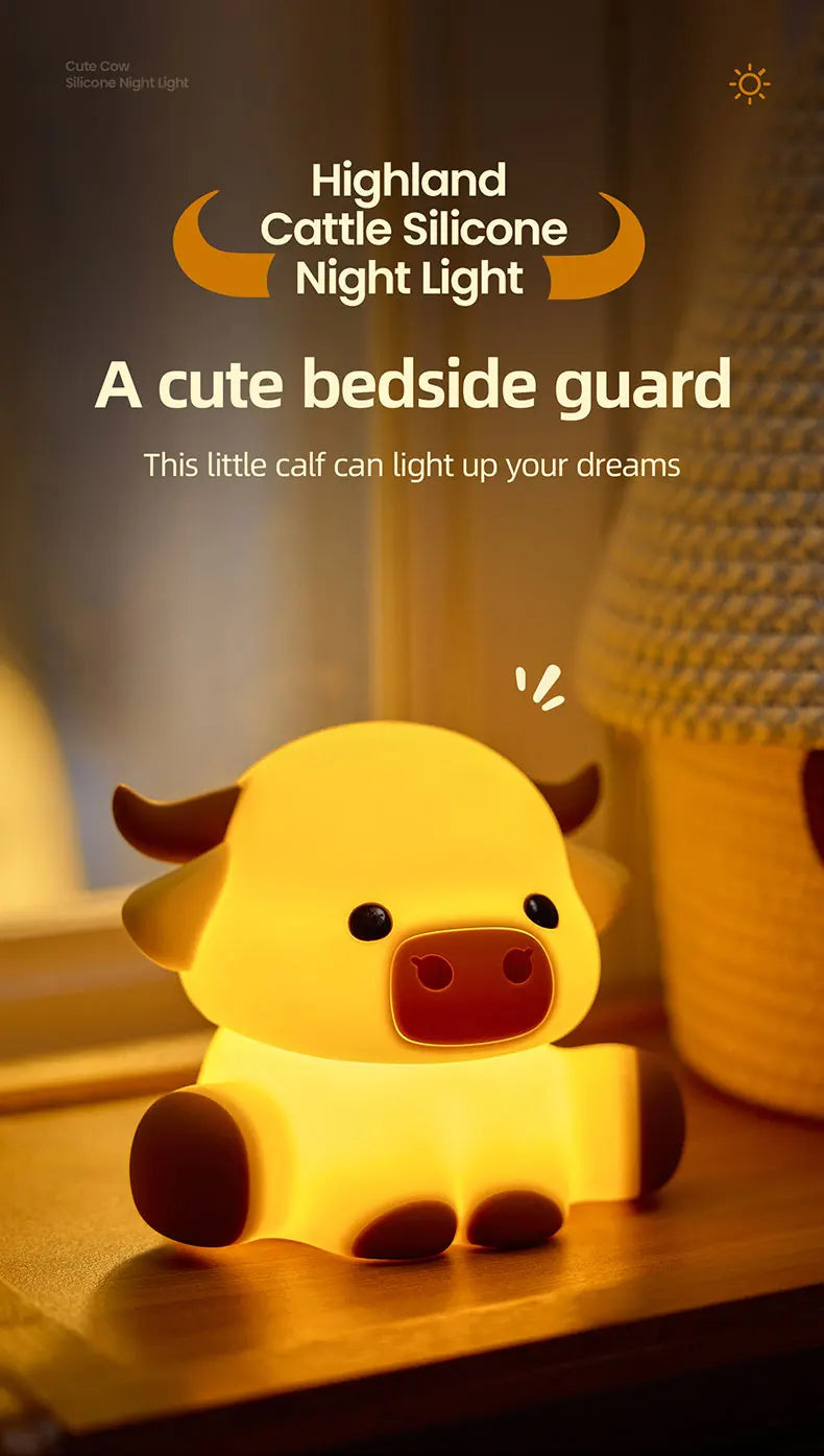 A yellow silicone night light shaped like a calf is shown illuminating a bedside area.