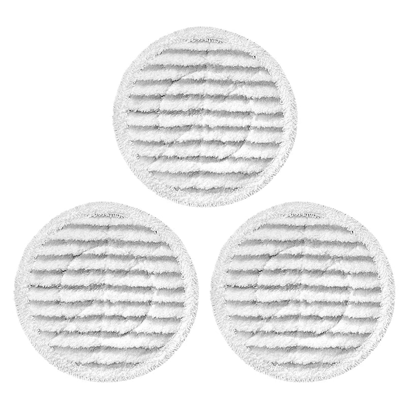 Three circular pads of white microfiber replacement mop cloths for shark steam mops