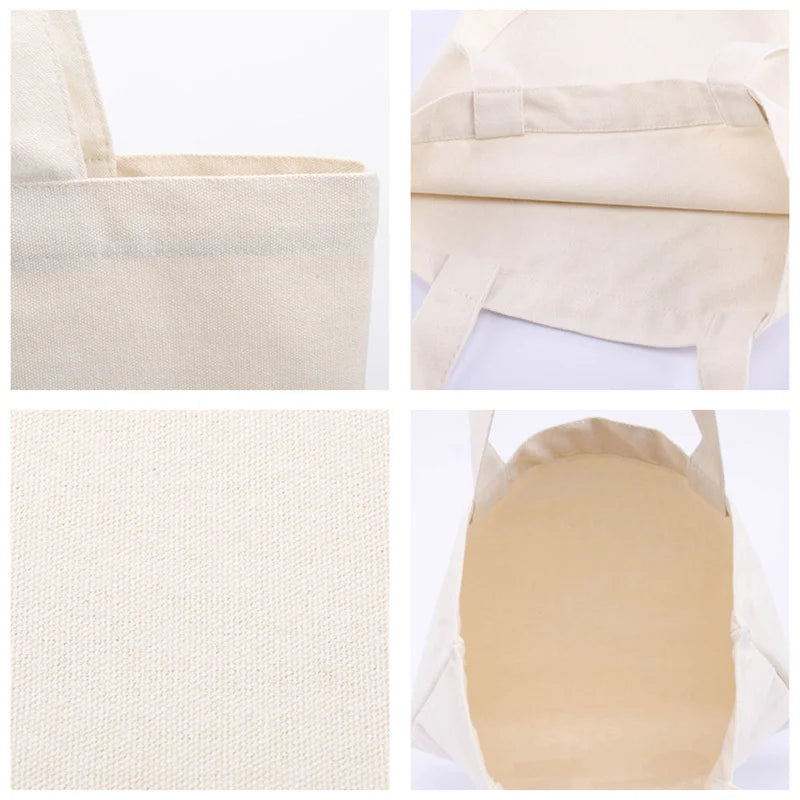 A beige reusable canvas shopping tote bag shown in various views, including a folded design and close-ups of the fabric textu