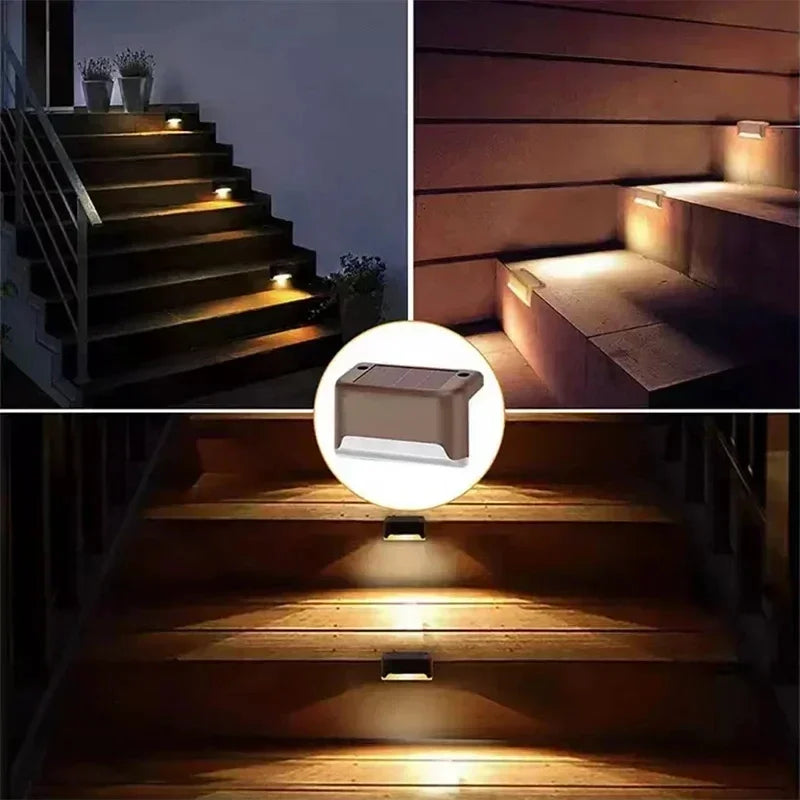 Solar powered LED step lights illuminating outdoor stairs and pathways