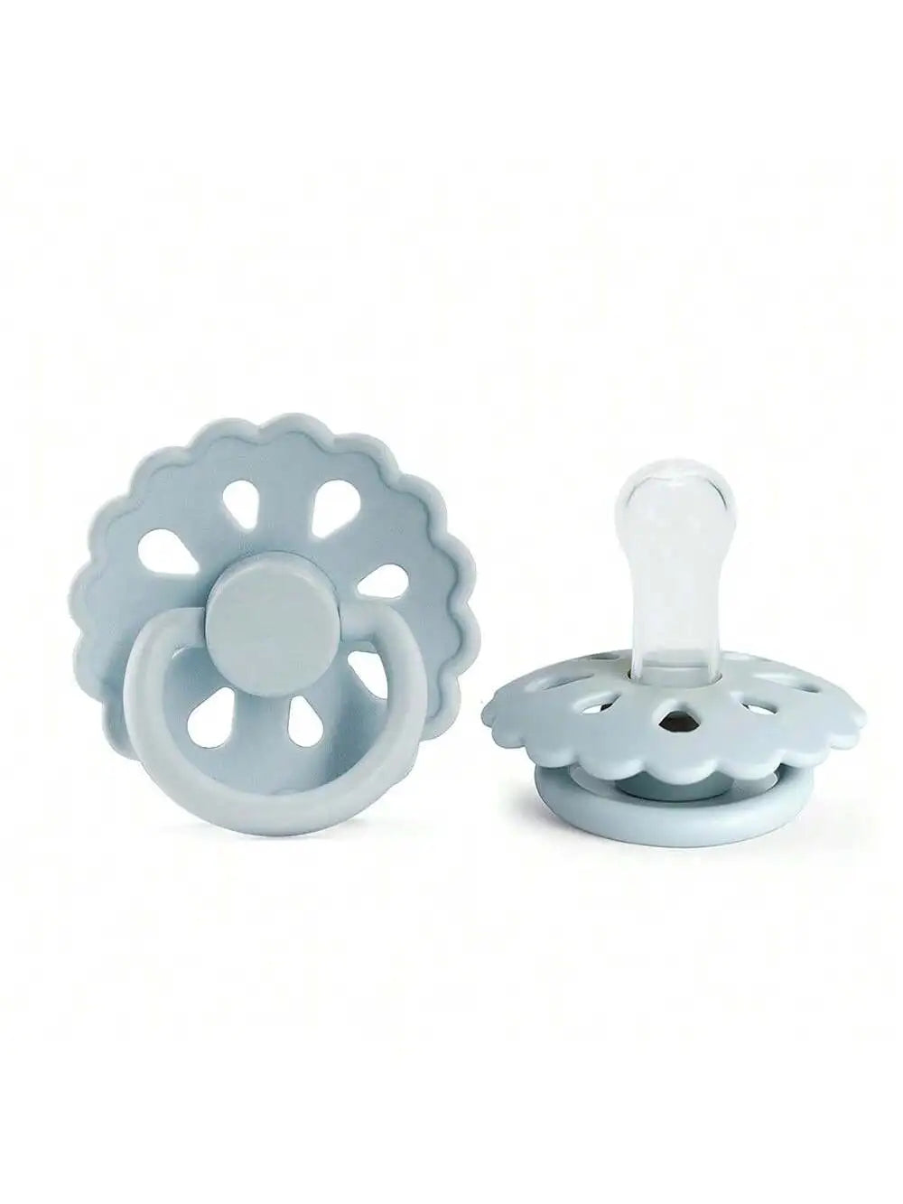 Light blue silicone baby pacifier with a flower-shaped ring and a clear nipple top