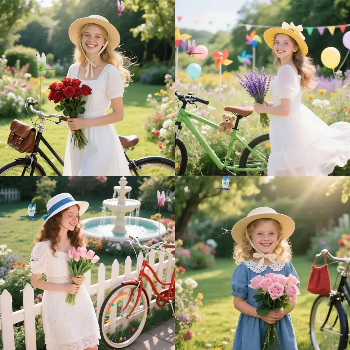 A young girl in a white dress holds a bouquet of pink flowers while standing next to a bicycle in a garden setting.