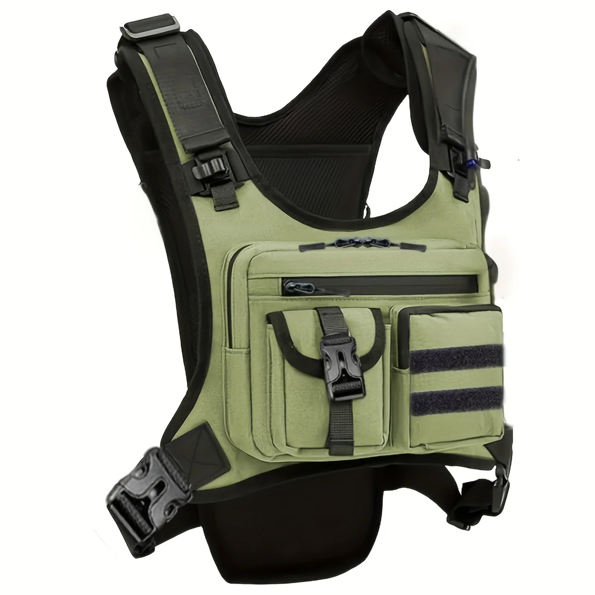 A lightweight running chest pack in olive green and black straps is shown from the front.