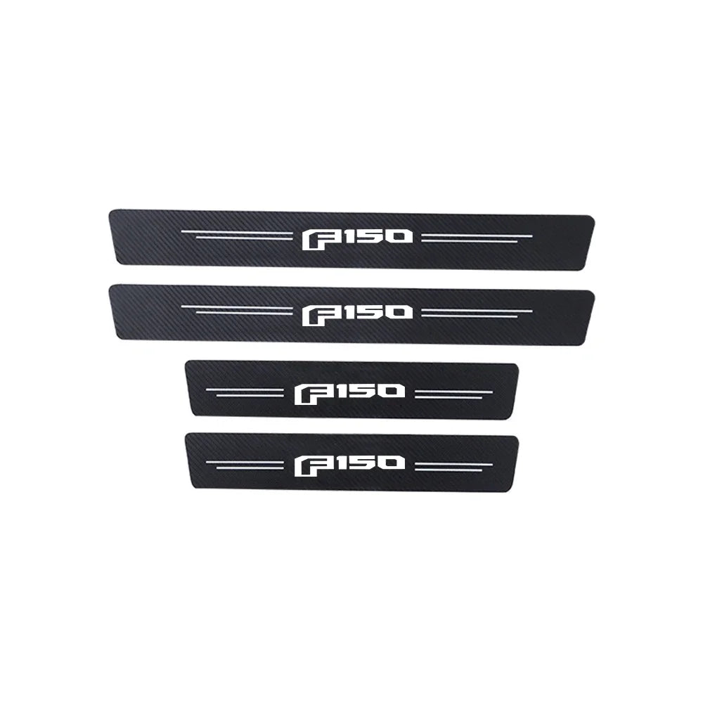 A set of four black PU leather door sill protector stickers for a Ford F-150