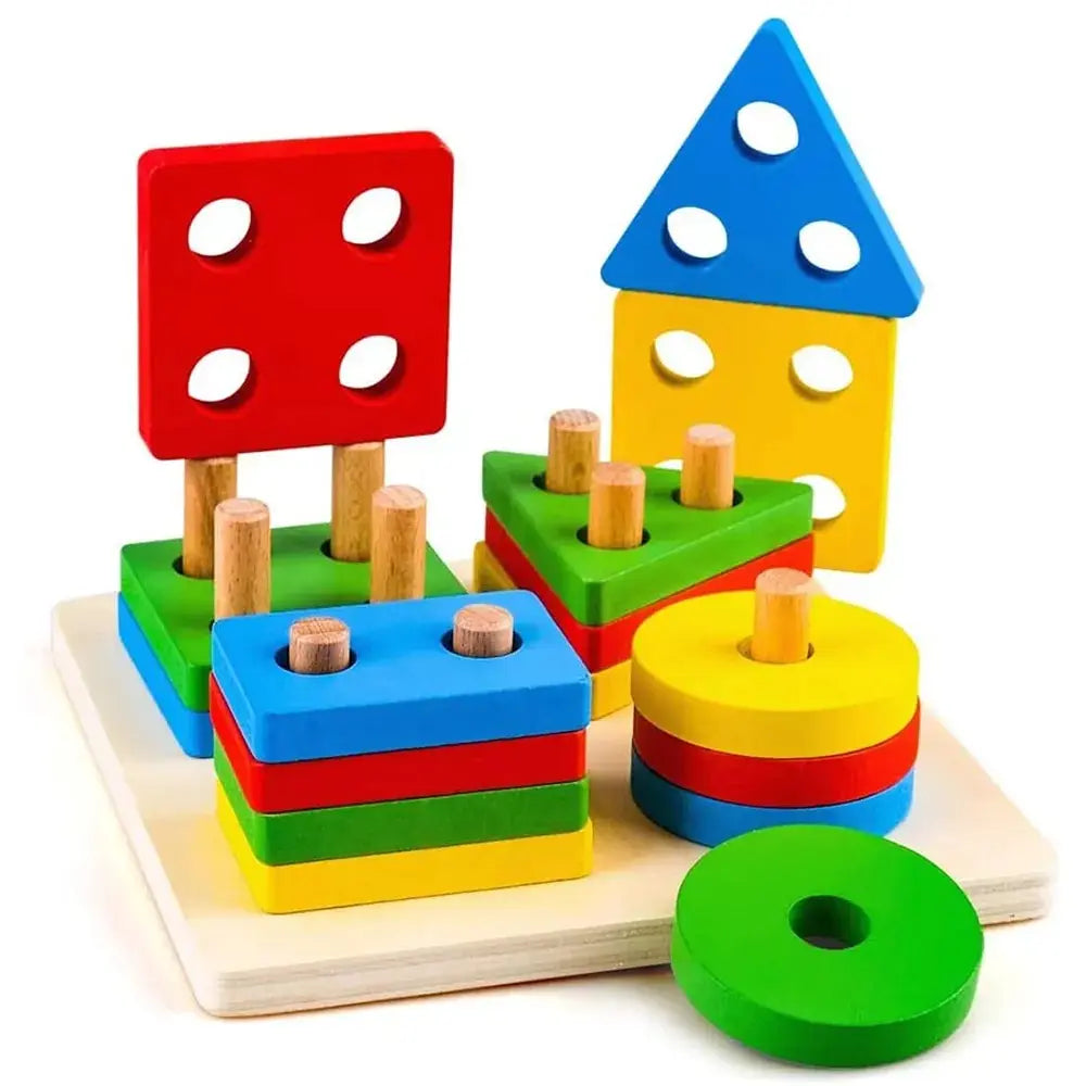 A set of colorful wooden sorting and stacking toys including a red, yellow, and blue pyramid tower and a green cylinder.