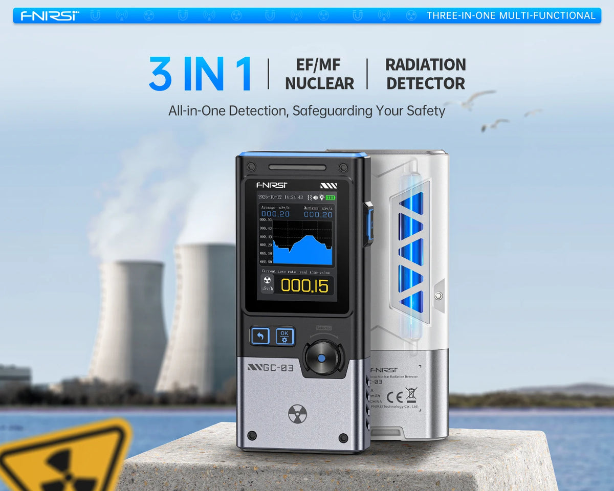 A FNIIRST 3-in-1 EF/MF Nuclear Radiation Detector device shown next to its protective casing.