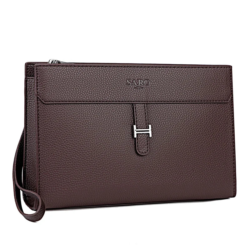 Dunkelbraunes Damen-PU-Lederclutch mit silbernem Logo-Detail