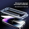 A clear frame and positioning tool are shown for installing a privacy screen protector on an iPhone.