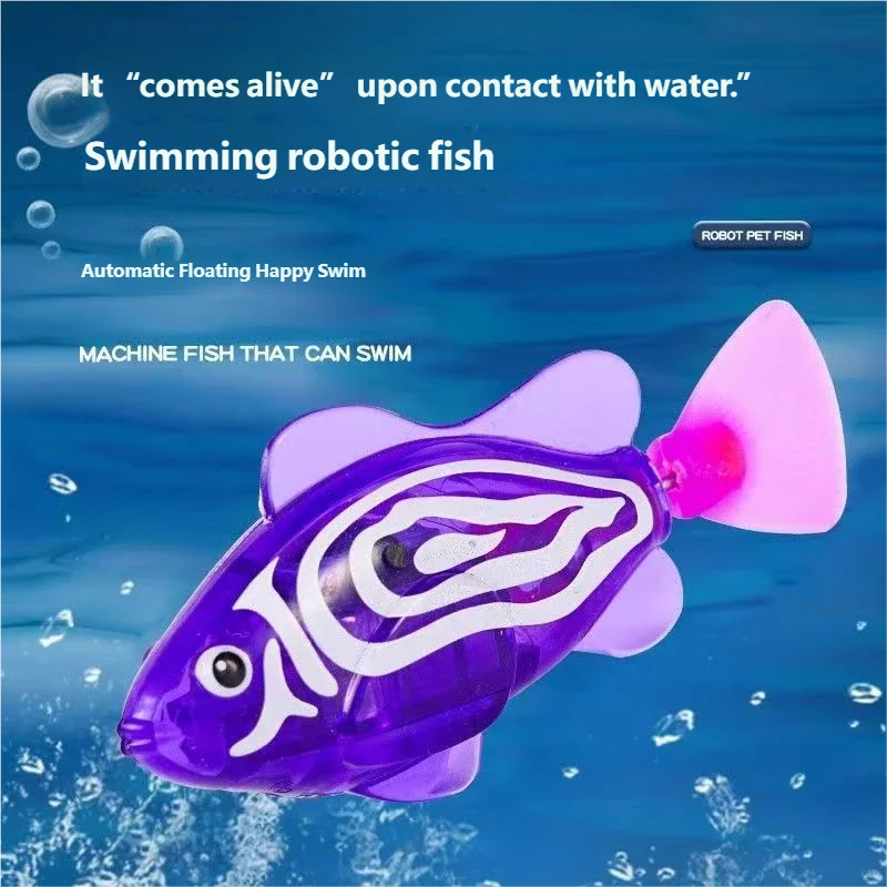 A purple swimming robotic fish toy with white markings is shown floating in blue water.