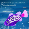 A purple swimming robotic fish toy with white markings is shown floating in blue water.