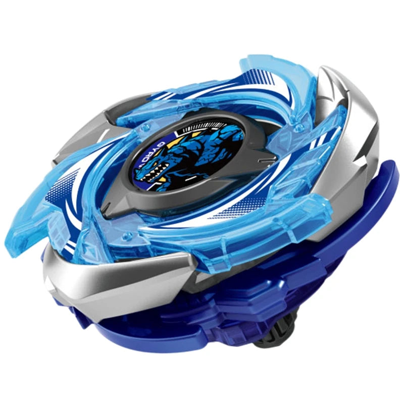 A blue and silver precision metal spinning top with a transparent clear housing and a black display.