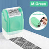 A green roller identity protection stamp is shown next to a black barcode print on a white surface.