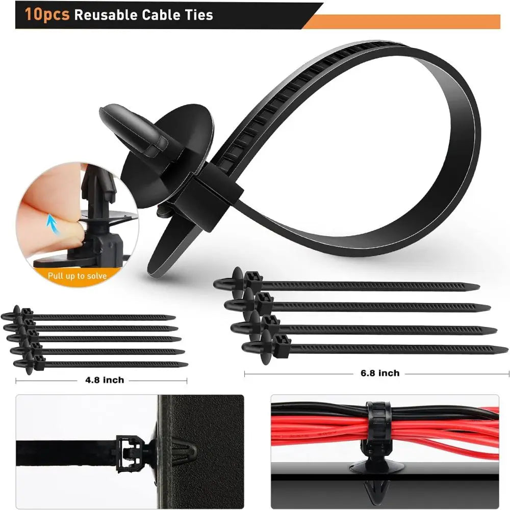 Black reusable cable ties and fasteners for automotive trim and panels